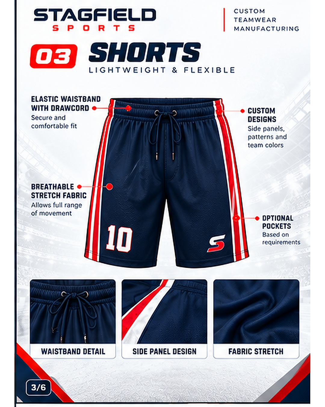 Slide 3: navy shorts showing an elastic waistband with drawcord, stretch fabric, custom side panels and optional pockets.