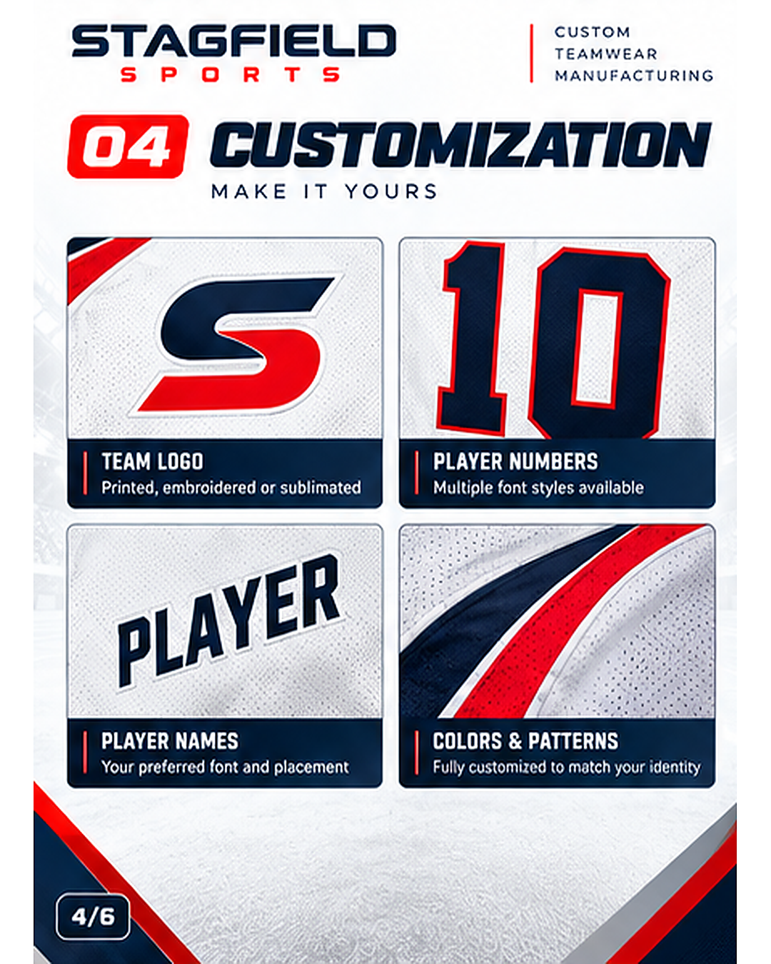 Slide 4: examples of a team logo, player number 10, player name and coordinated colors and patterns.