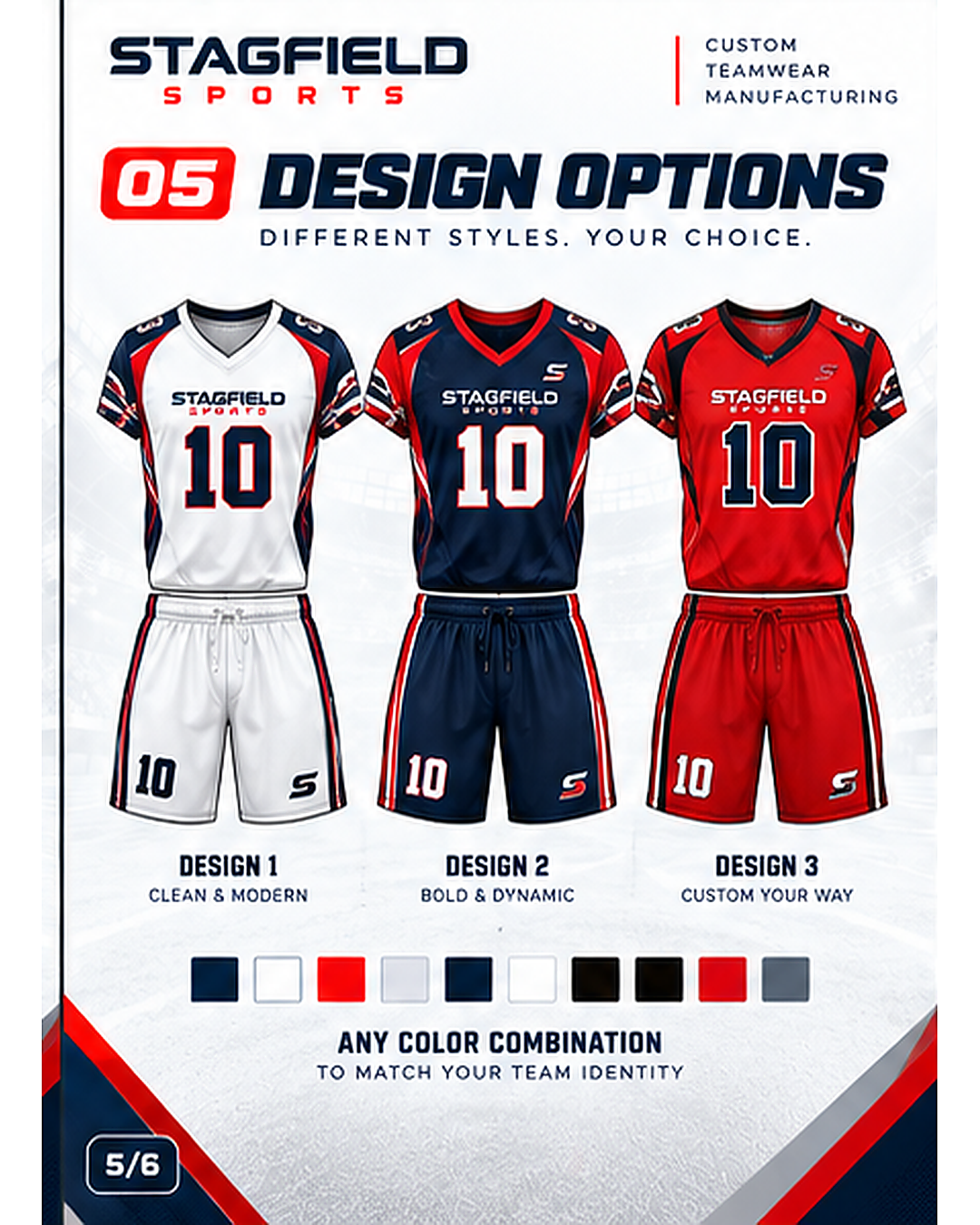 Slide 5: three matching jersey-and-shorts concepts in white, navy and red, with example color combinations.