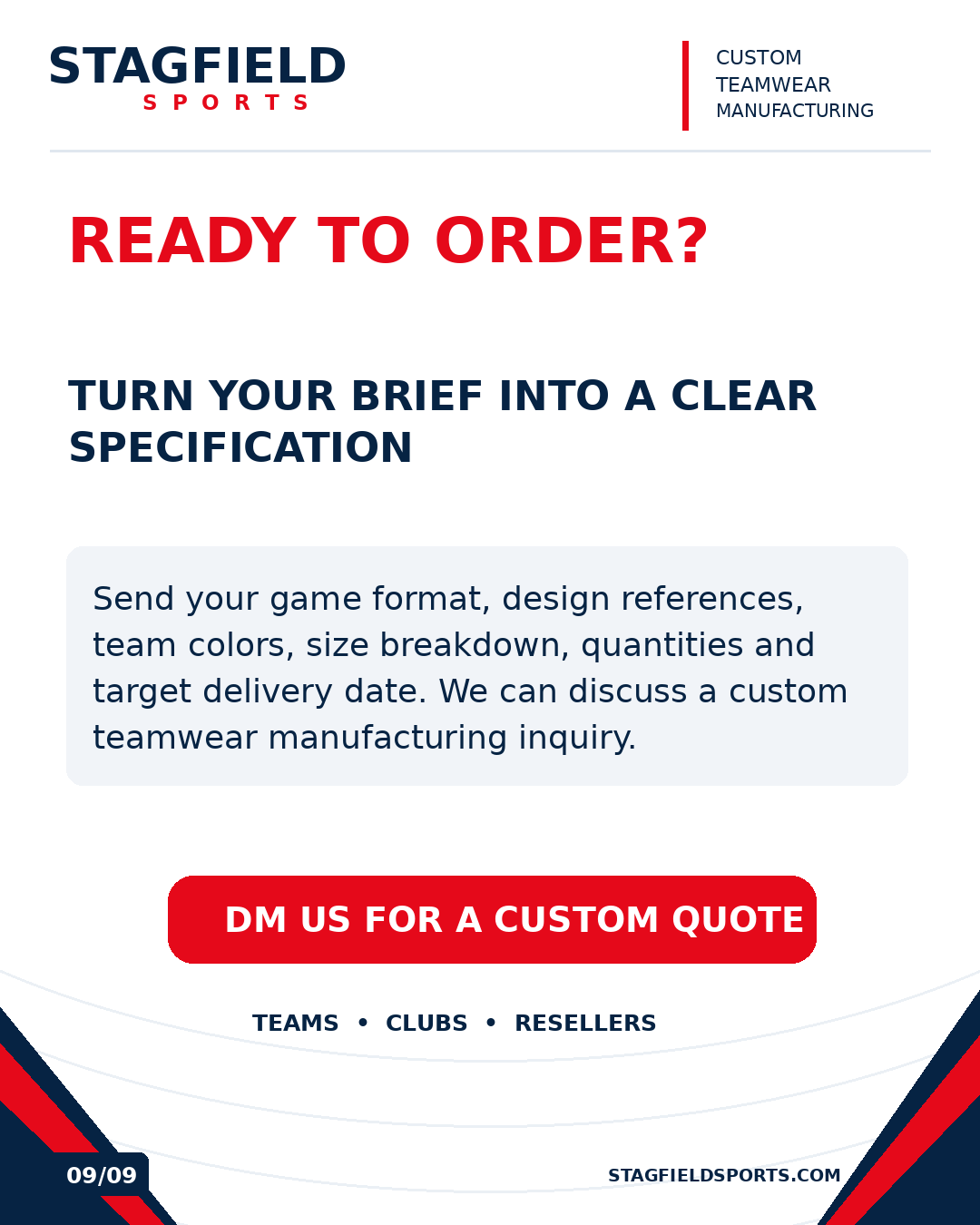Slide 9: send the game format, design references, team colors, sizes, quantities and target delivery date to discuss a custom quote.