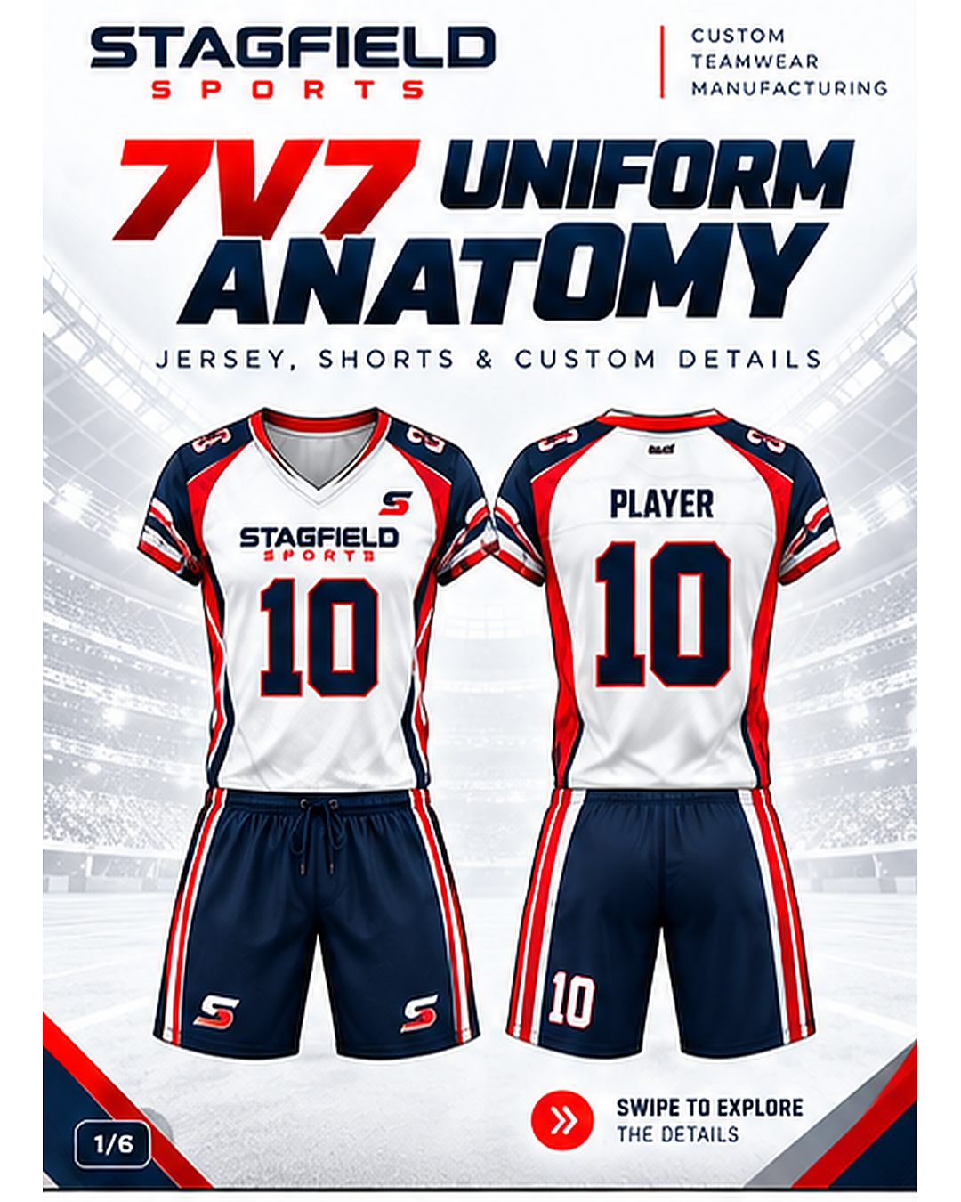 Slide 1: front and back illustrations of a white, navy and red 7v7 jersey and matching shorts.