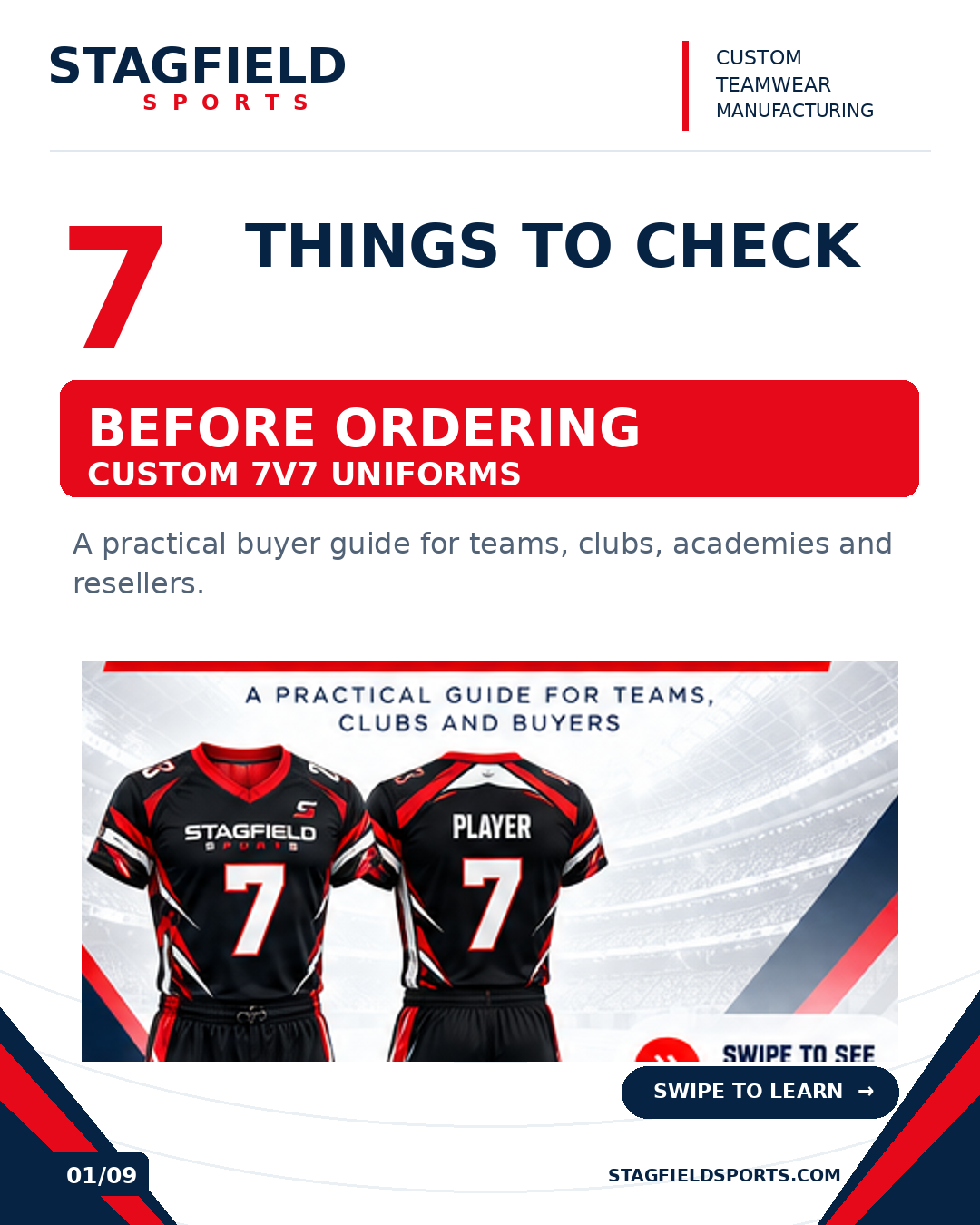 Carousel cover: seven things to check before ordering custom 7v7 uniforms, with a black and red jersey illustration.