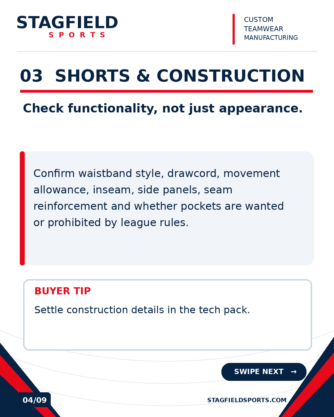 Slide 4: waistband, drawcord, movement allowance, inseam, side panels, seam reinforcement and pocket requirements.