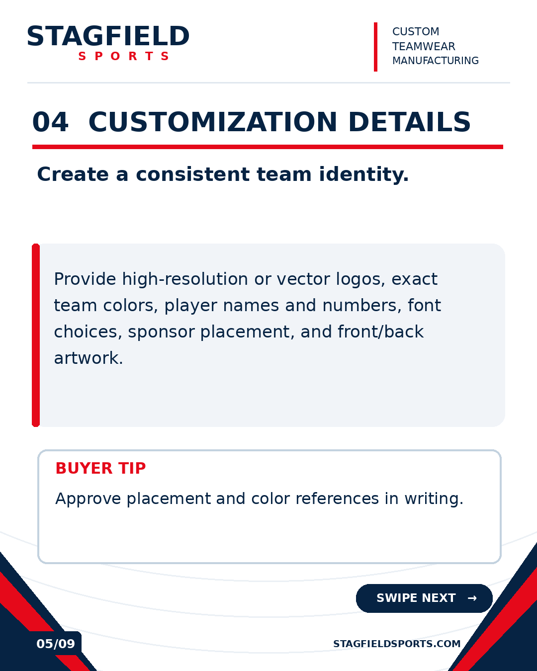 Slide 5: logos, team colors, player names and numbers, fonts, sponsor placement and front and back artwork.
