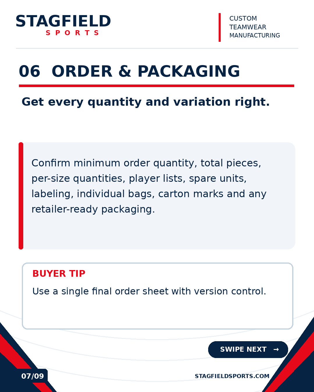 Slide 7: minimum order quantity, total pieces, sizes, player lists, spares, labels, bags, carton marks and retail packaging.