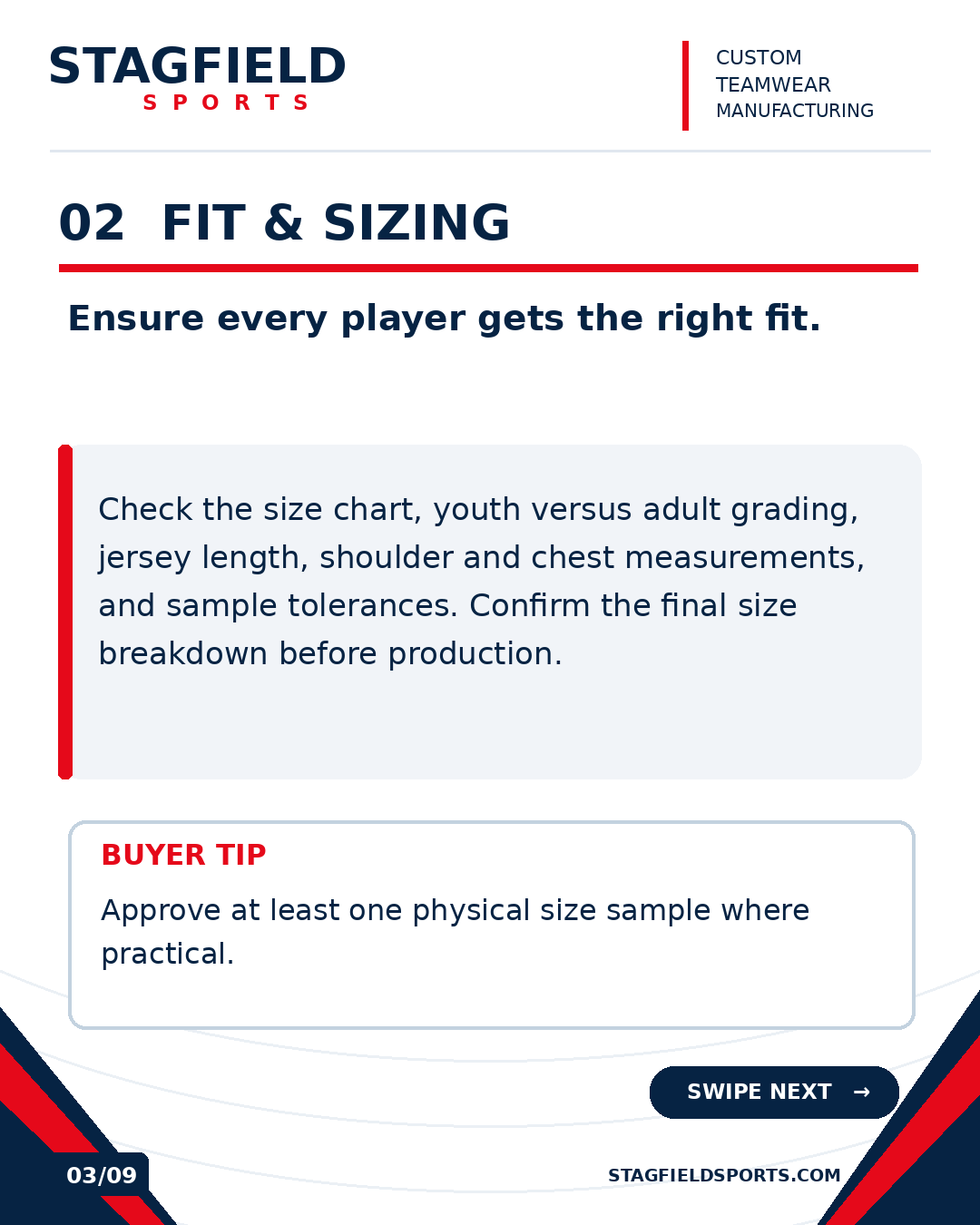 Slide 3: fit and sizing, youth and adult grading, garment measurements, tolerances and approving a physical size sample.